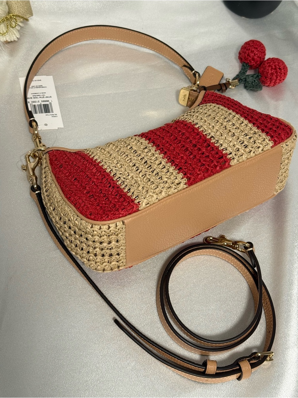 COACH teri shoulder bag with stripes and charm. gold/red/tan CER34 - Picture 8 of 11